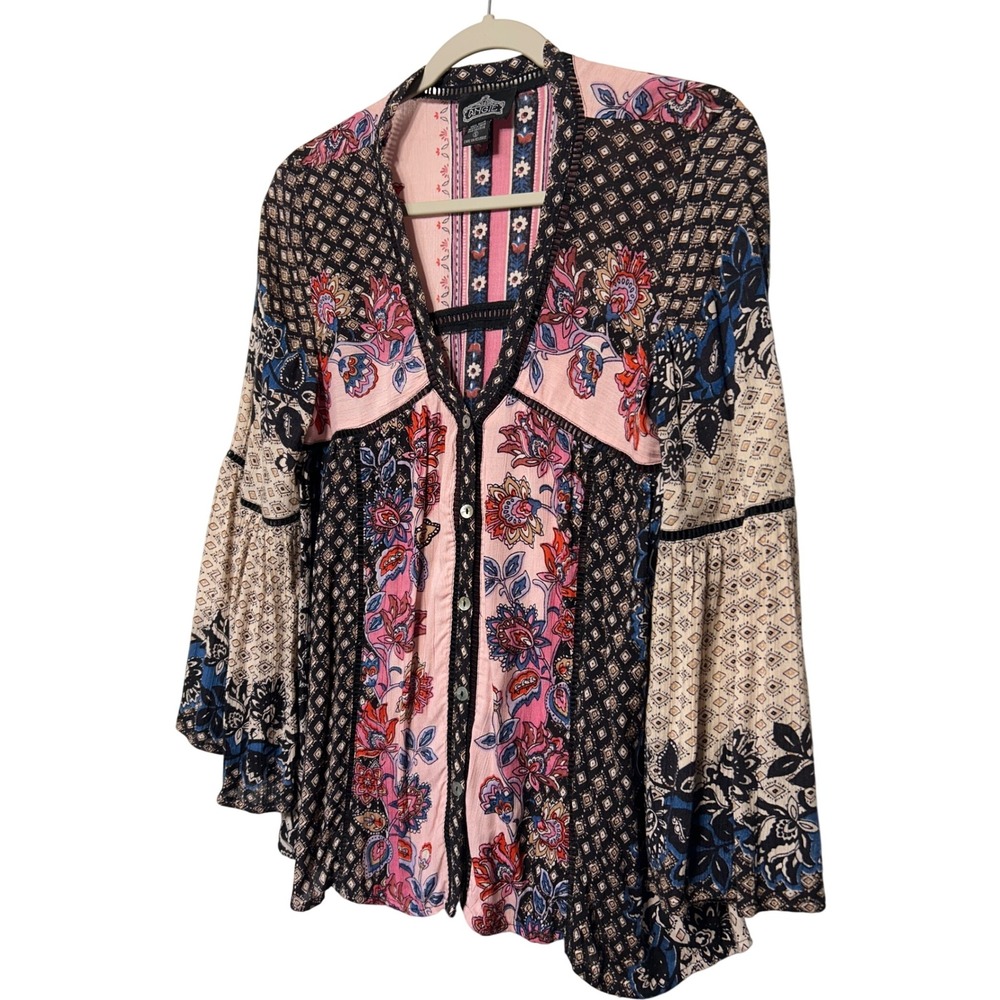 Angie Patchwork Floral Boho Blouse in Pink, Blue, Black